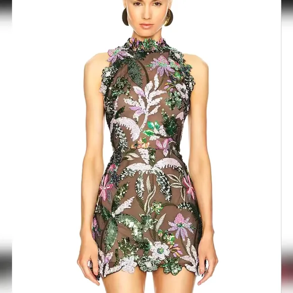 Elegant Lace Embroidery Spliced Sleeveless Slim Fit Mini Dress