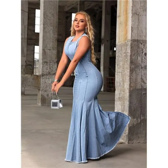 Elegant Slim Fit Sleeveless Mermaid Denim Dress