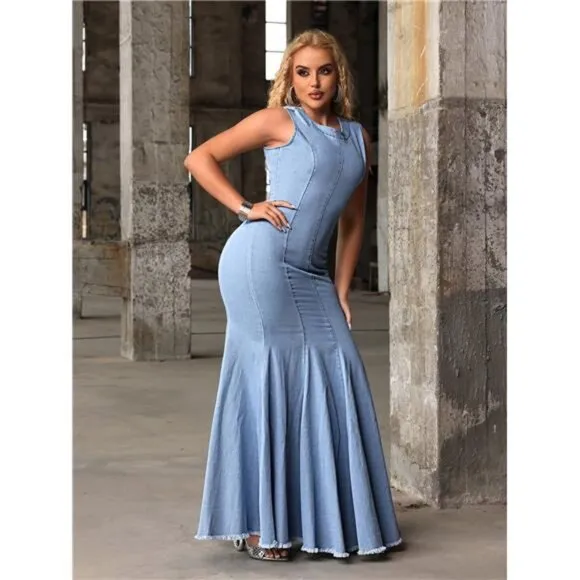 Elegant Slim Fit Sleeveless Mermaid Denim Dress
