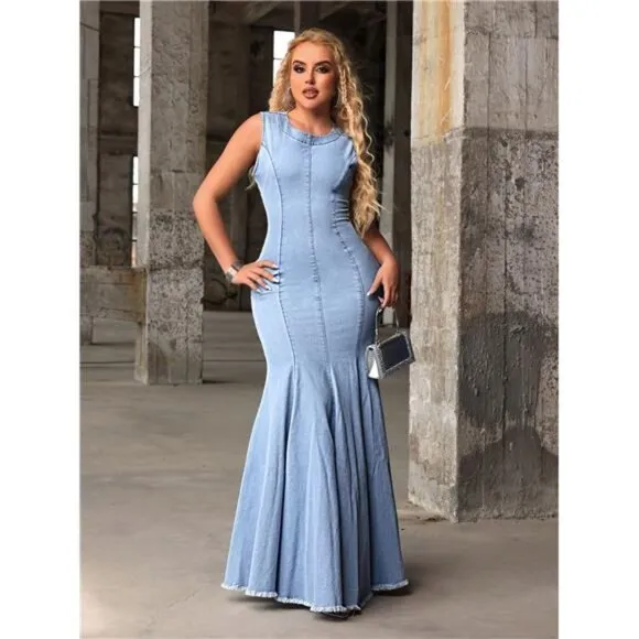 Elegant Slim Fit Sleeveless Mermaid Denim Dress
