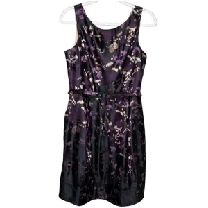 Eliza J Dress Womens 10 Black Gold Purple Print Belted Jacquard Fit and Flare