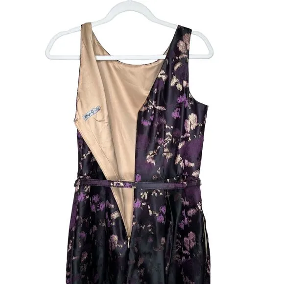 Eliza J Dress Womens 10 Black Gold Purple Print Belted Jacquard Fit and Flare