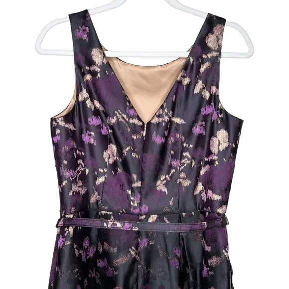 Eliza J Dress Womens 10 Black Gold Purple Print Belted Jacquard Fit and Flare