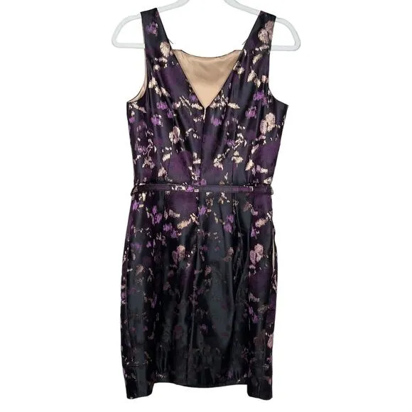 Eliza J Dress Womens 10 Black Gold Purple Print Belted Jacquard Fit and Flare