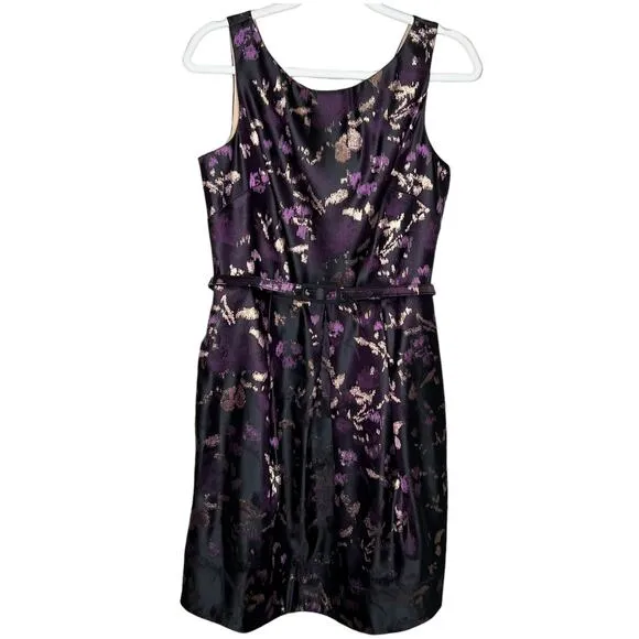 Eliza J Dress Womens 10 Black Gold Purple Print Belted Jacquard Fit and Flare