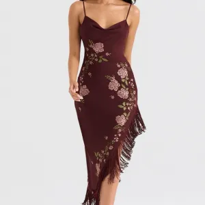ELOISAWine Embroidered Midi Dress