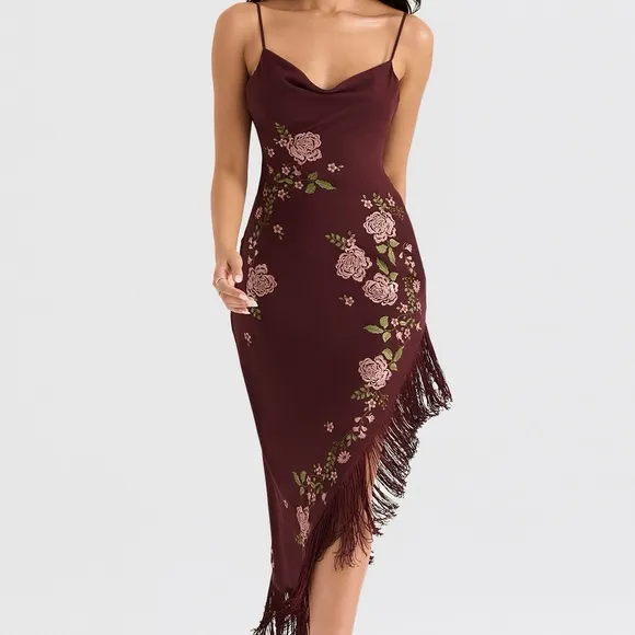 ELOISAWine Embroidered Midi Dress