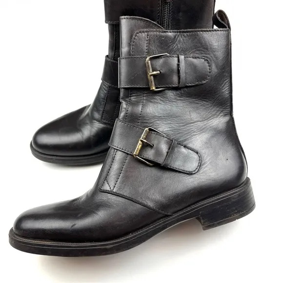 Emanuele Crasto Dark Brown Italian Leather Moto Biker Mid Shaft Boots 8.5