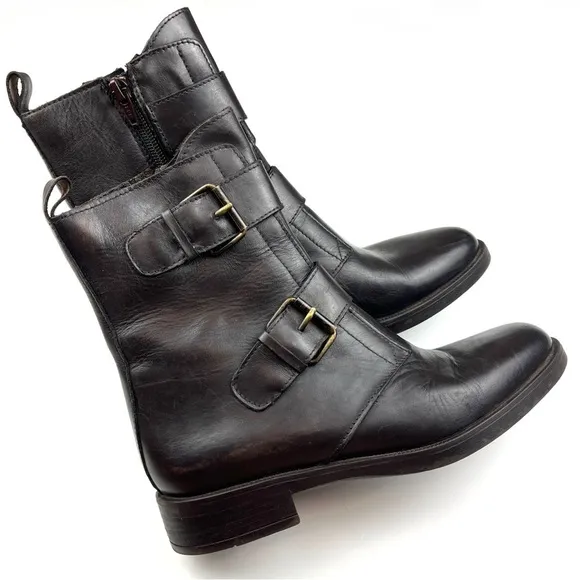 Emanuele Crasto Dark Brown Italian Leather Moto Biker Mid Shaft Boots 8.5