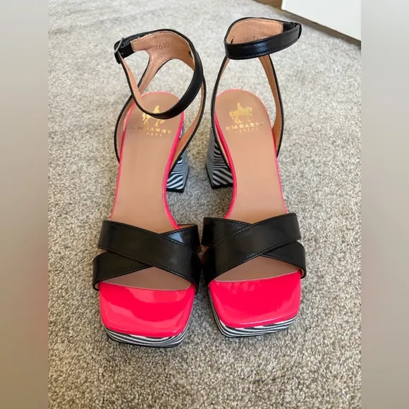 Embassy London - Women’s Long Beach Optical Zebra &amp; Black &amp; Pink Heels - Sz 37
