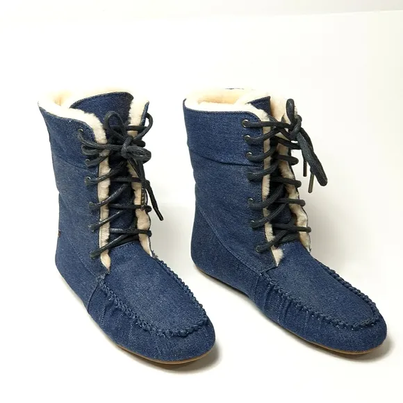 Emu Australia Brooklyn fur and Denim moccasin lace-up booties size 9