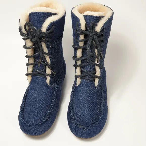 Emu Australia Brooklyn fur and Denim moccasin lace-up booties size 9