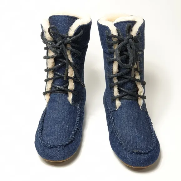Emu Australia Brooklyn fur and Denim moccasin lace-up booties size 9