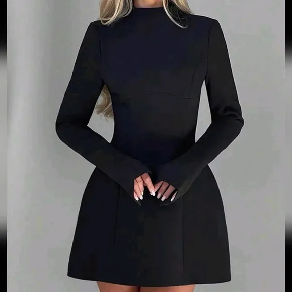 Essnce Women Solid Color Stand Collar Slim Fit Casual Midi Dress