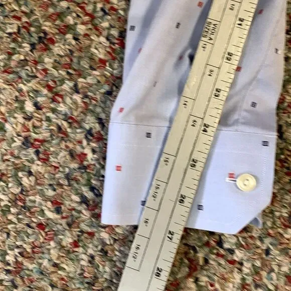 Eton Light Blue With Red Blue Geo Print Slim Fit Dress Shirt Size 16.5