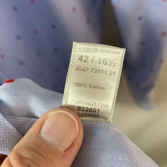 Eton Light Blue With Red Blue Geo Print Slim Fit Dress Shirt Size 16.5
