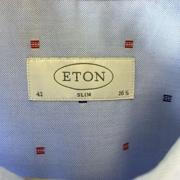 Eton Light Blue With Red Blue Geo Print Slim Fit Dress Shirt Size 16.5