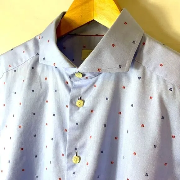 Eton Light Blue With Red Blue Geo Print Slim Fit Dress Shirt Size 16.5
