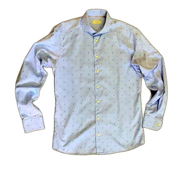 Eton Light Blue With Red Blue Geo Print Slim Fit Dress Shirt Size 16.5