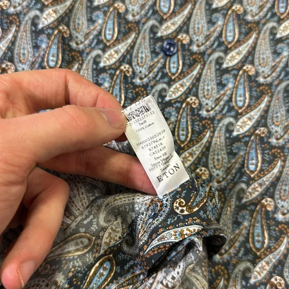 Eton mens 15.5 39 slim fit blue orange paisley print dress shirt EUC