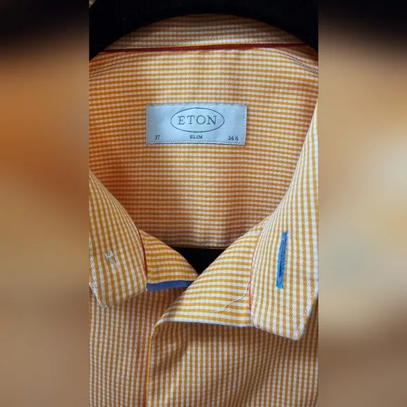 Eton Slim Fit Striped Button Down Dress Shirt Orange Men's Size 37 14 1/2