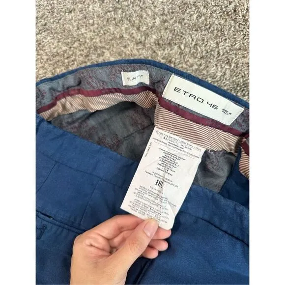 etro made in italy 46 men’s slim fit wool/cotton blue pants 30x30 flat front
