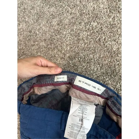 etro made in italy 46 men’s slim fit wool/cotton blue pants 30x30 flat front