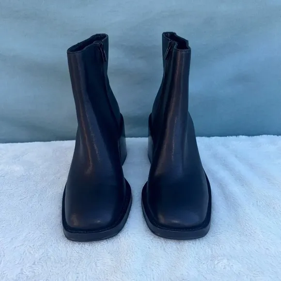EUC Loeffler Randall Blakely Square Toe Mid Heel Boots, Black, 7