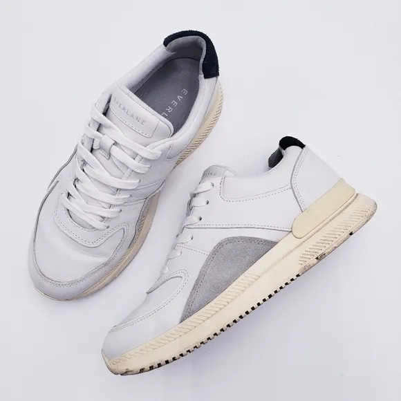 Everlane The Trainer Sneakers White Grey Leather Low Top Lace Up Women's Size 8