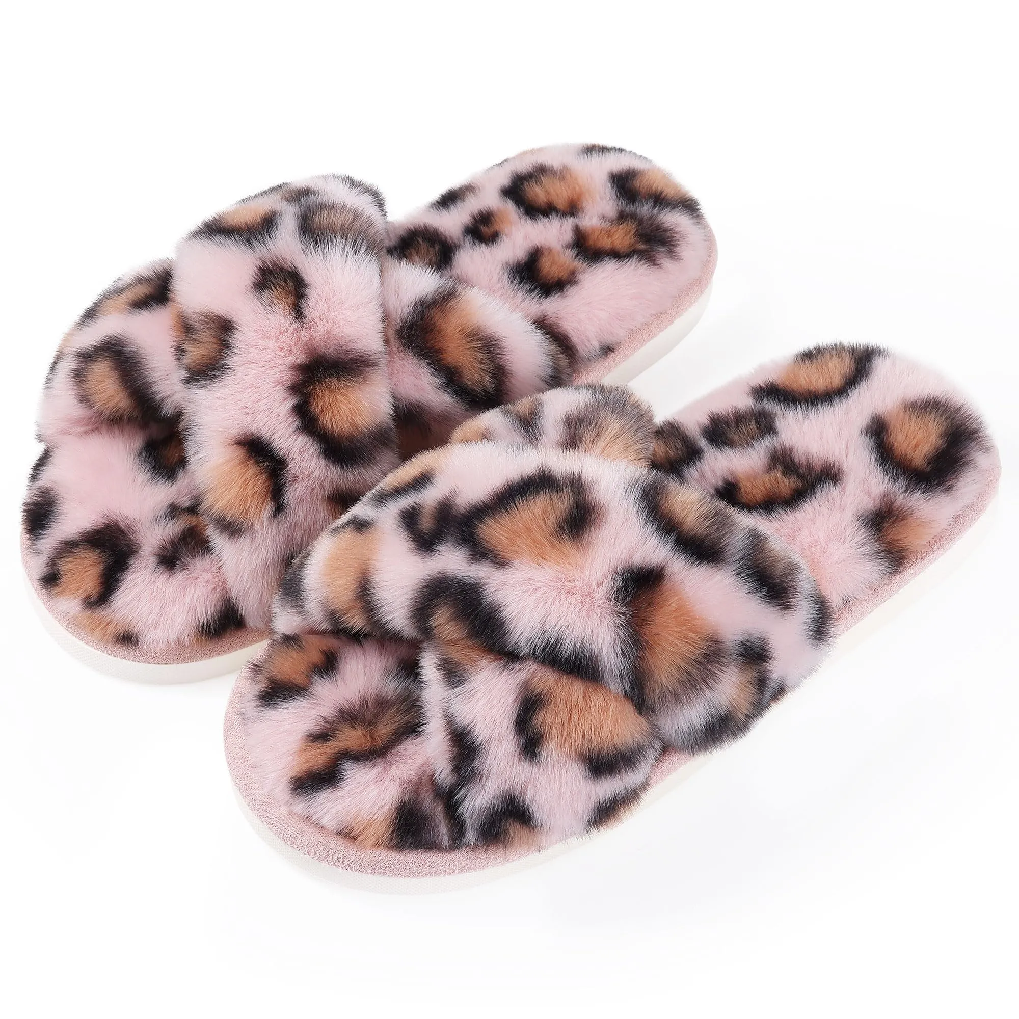 Evshine Women's Fuzzy Slippers Cross Band Memory Foam House Slippers Open Toe