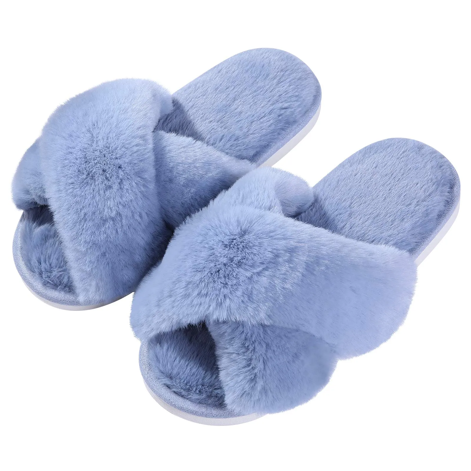 Evshine Women's Fuzzy Slippers Cross Band Memory Foam House Slippers Open Toe
