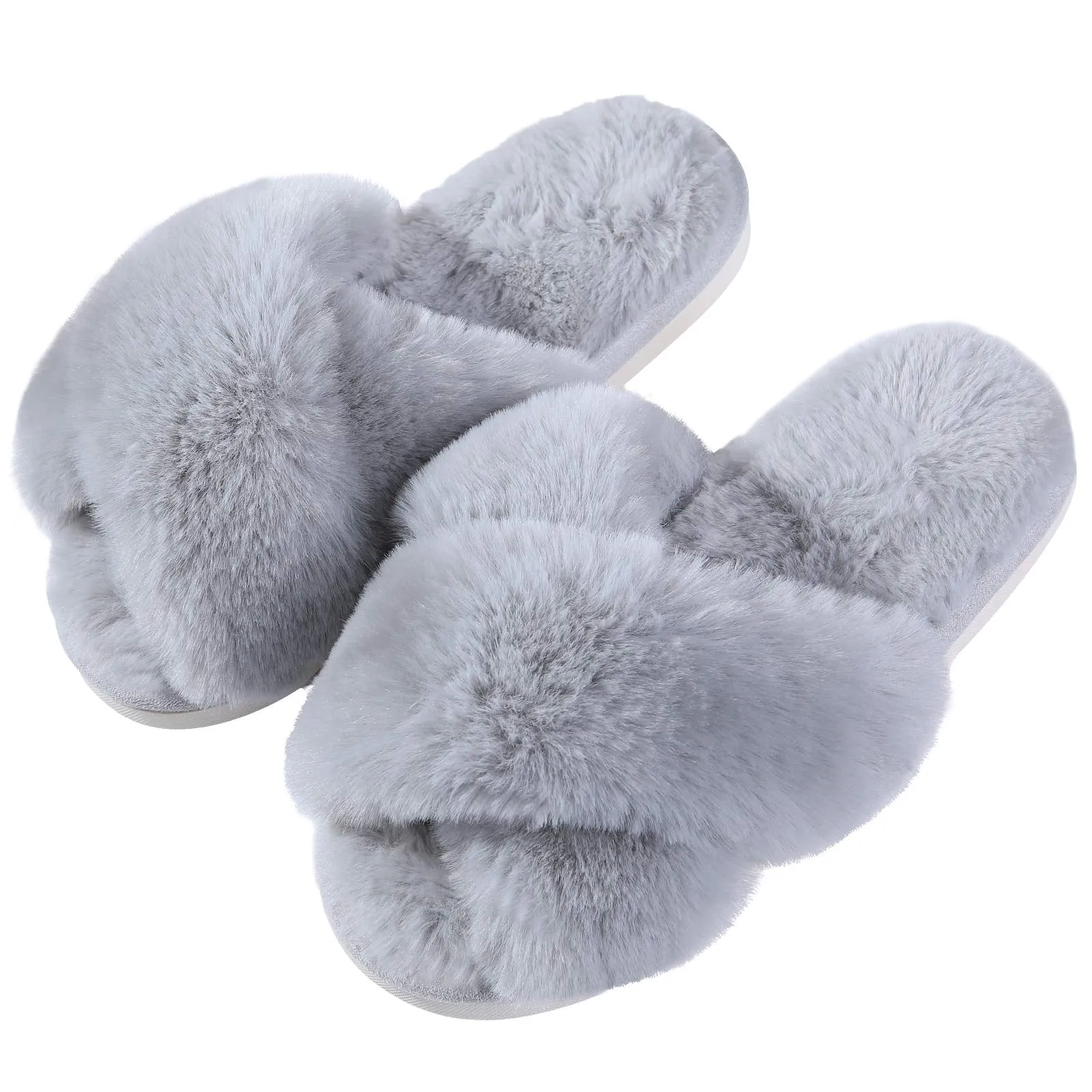 Evshine Women's Fuzzy Slippers Cross Band Memory Foam House Slippers Open Toe