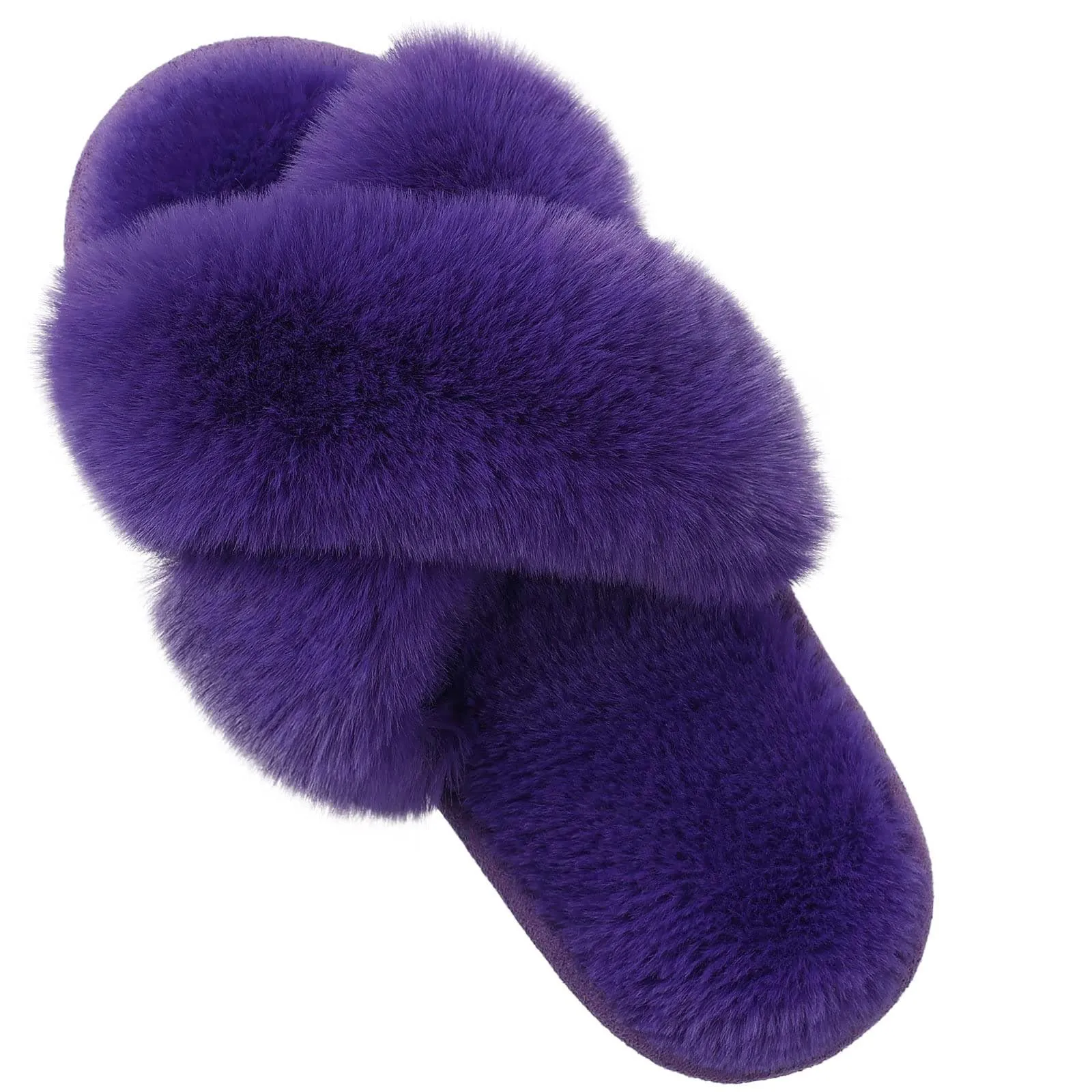 Evshine Women's Fuzzy Slippers Cross Band Memory Foam House Slippers Open Toe