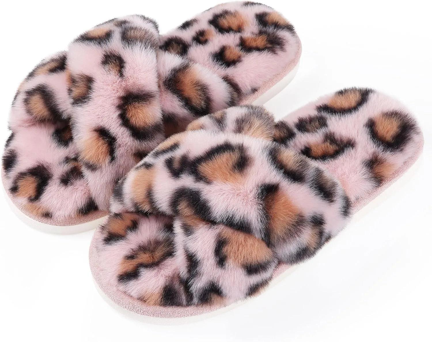 Evshine Women's Fuzzy Slippers Cross Band Memory Foam House Slippers Open Toe