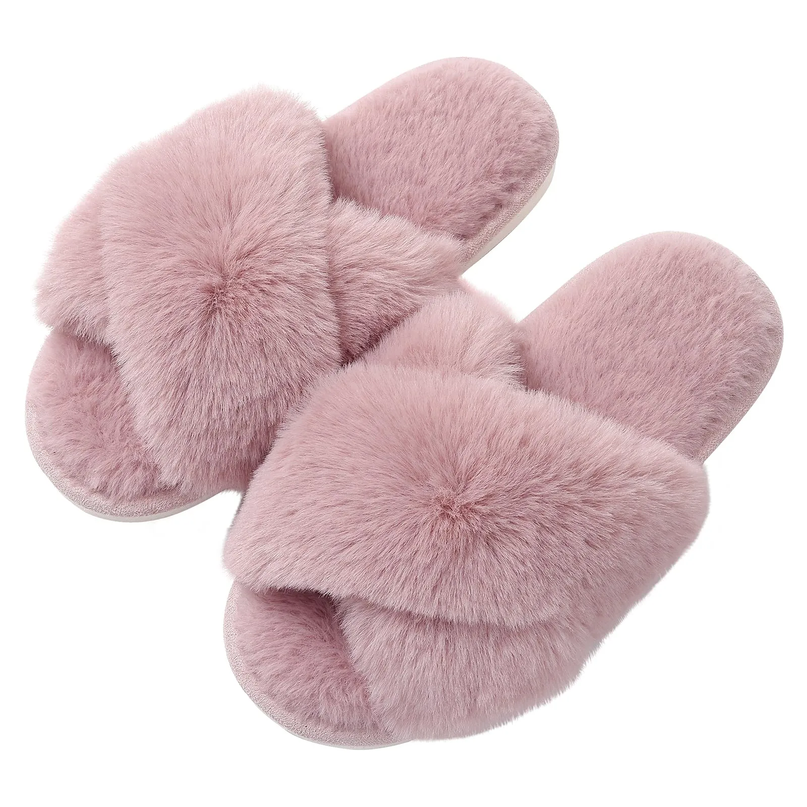 Evshine Women's Fuzzy Slippers Cross Band Memory Foam House Slippers Open Toe