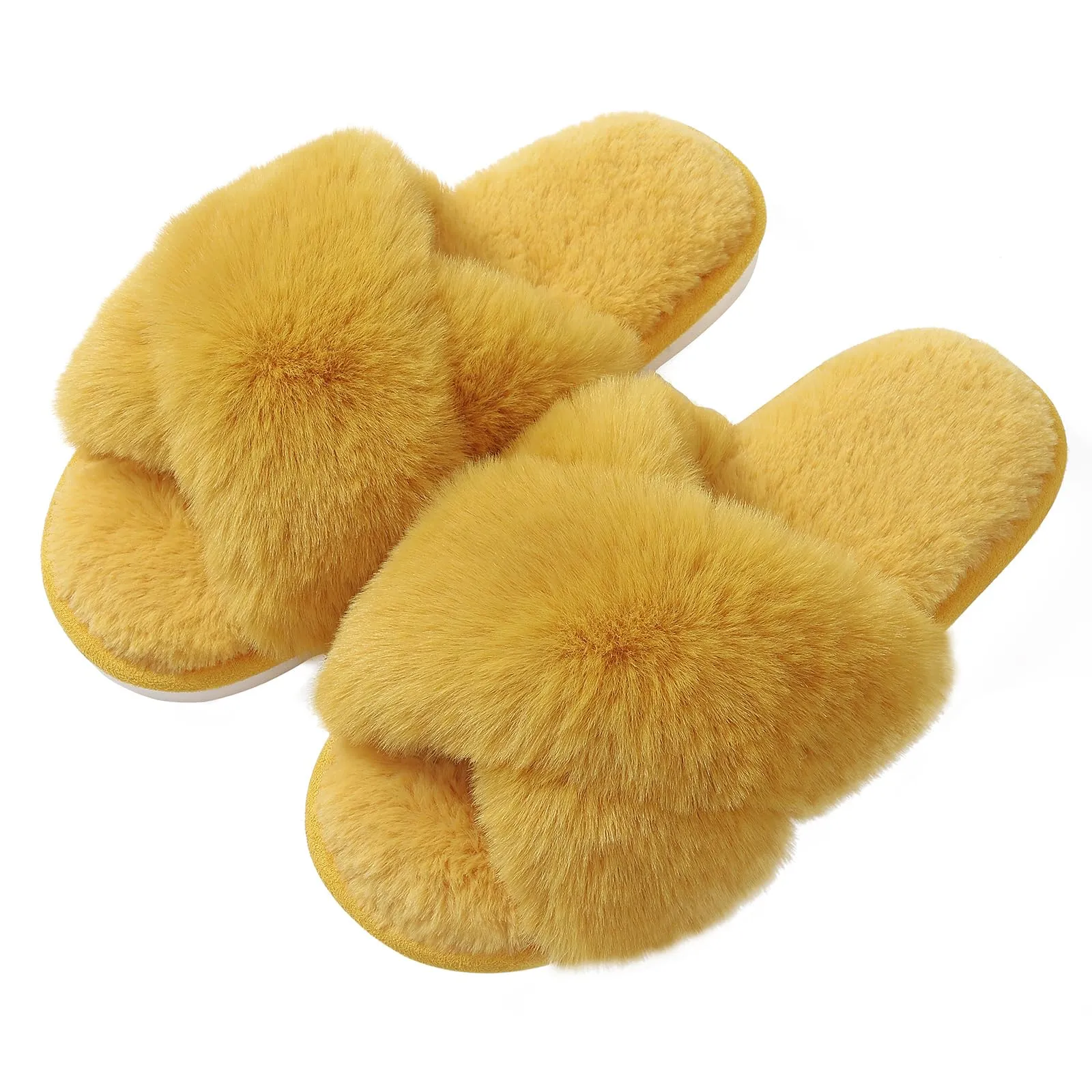 Evshine Women's Fuzzy Slippers Cross Band Memory Foam House Slippers Open Toe