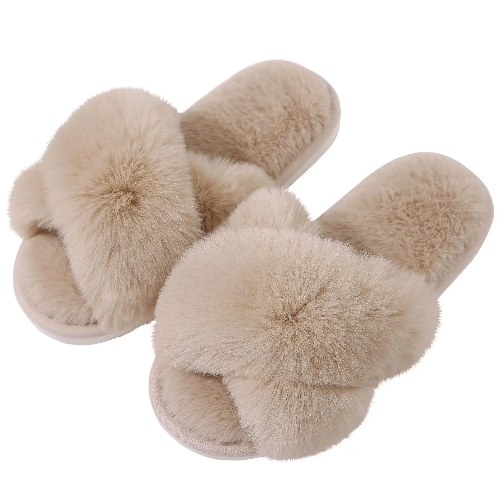 Evshine Women's Fuzzy Slippers Cross Band Memory Foam House Slippers Open Toe