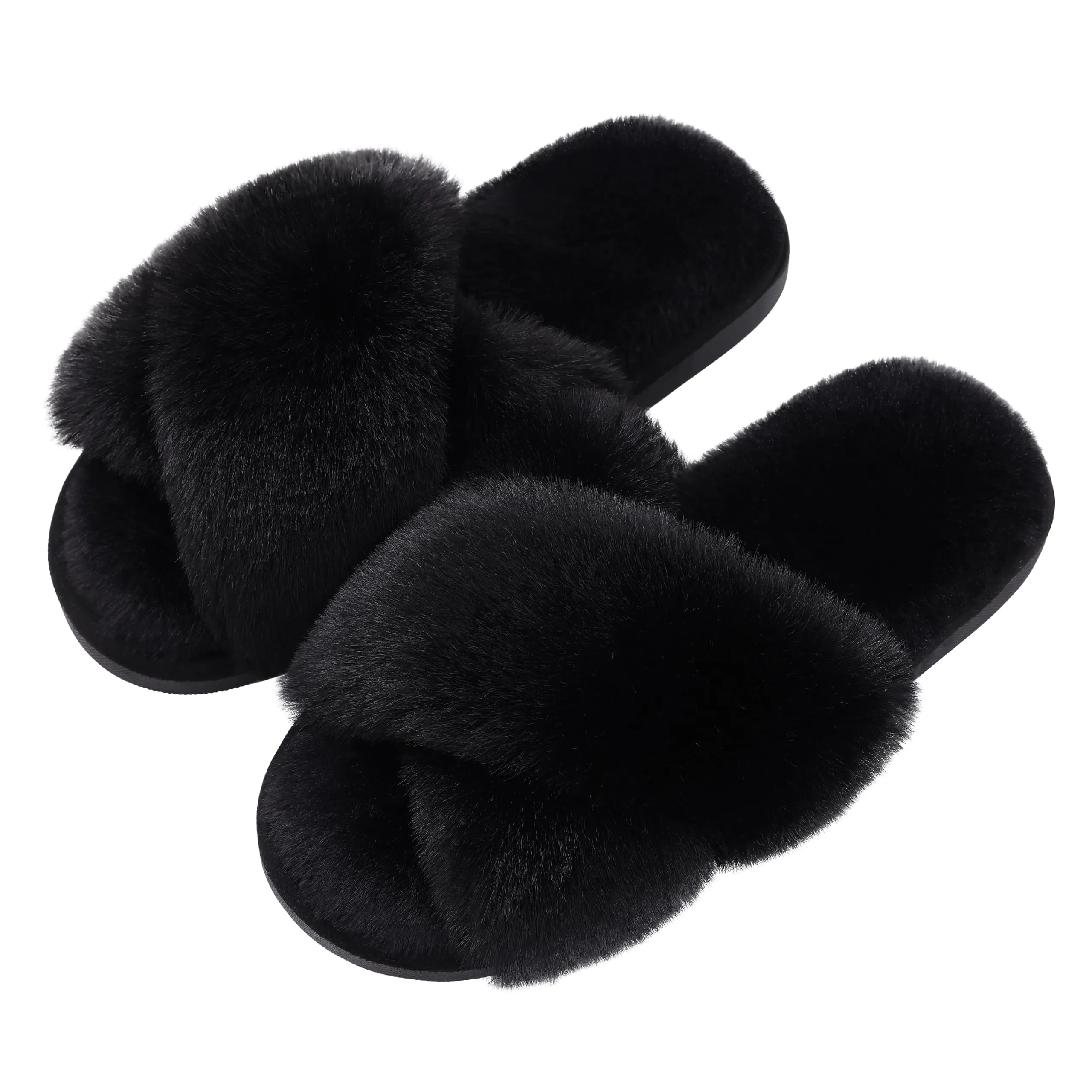 Evshine Women's Fuzzy Slippers Cross Band Memory Foam House Slippers Open Toe