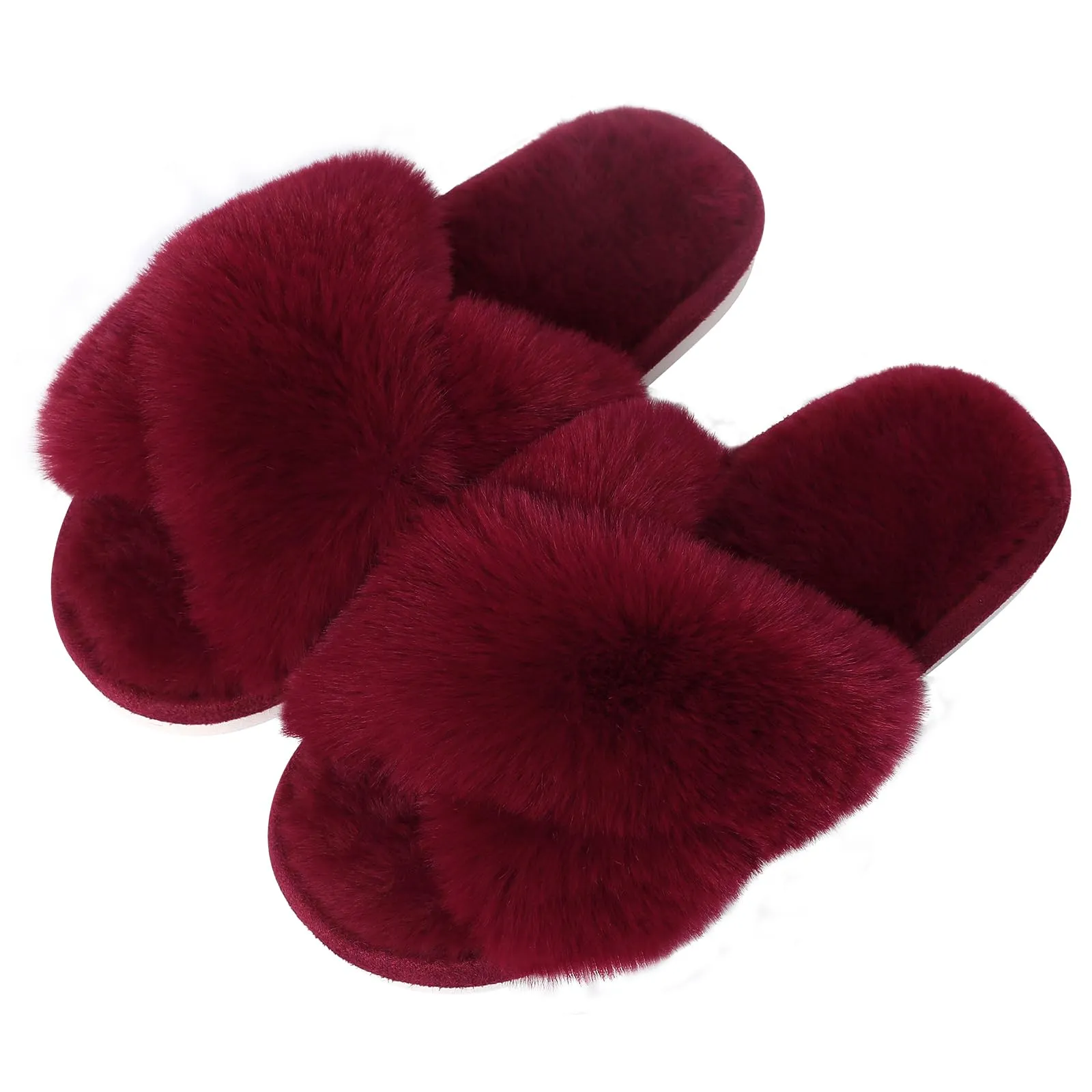 Evshine Women's Fuzzy Slippers Cross Band Memory Foam House Slippers Open Toe