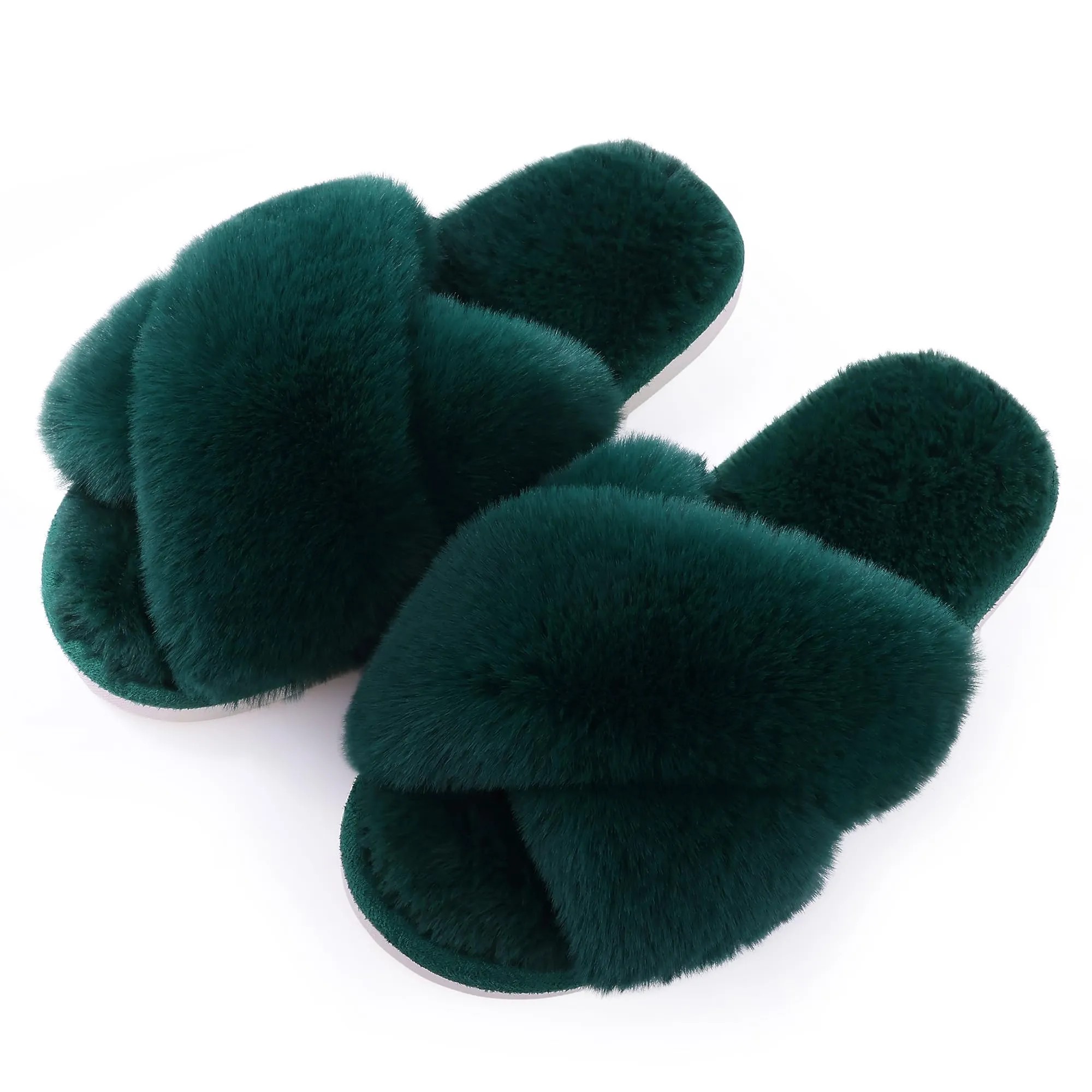 Evshine Women's Fuzzy Slippers Cross Band Memory Foam House Slippers Open Toe