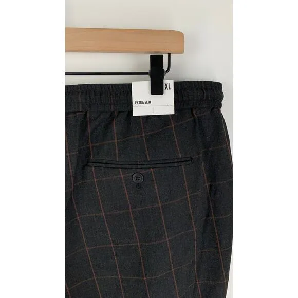 Express Mens Extra Slim Brown Plaid Luxe Comfort Soft Drawstring Dress Pant XL