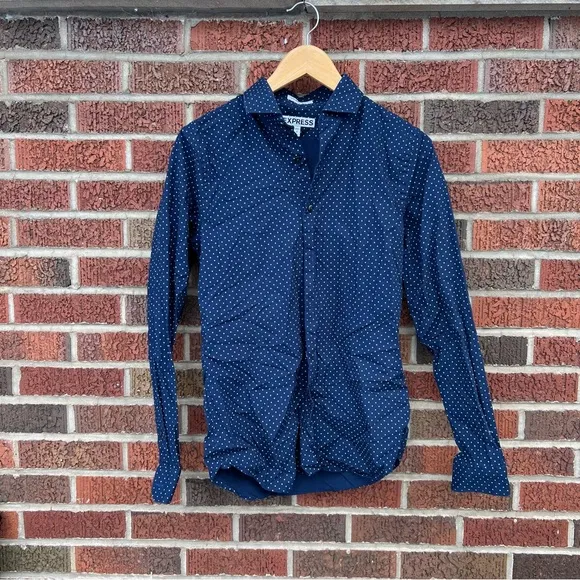 Express Navy Blue Dotted Extra Slim Fit Button Down Dress Shirt