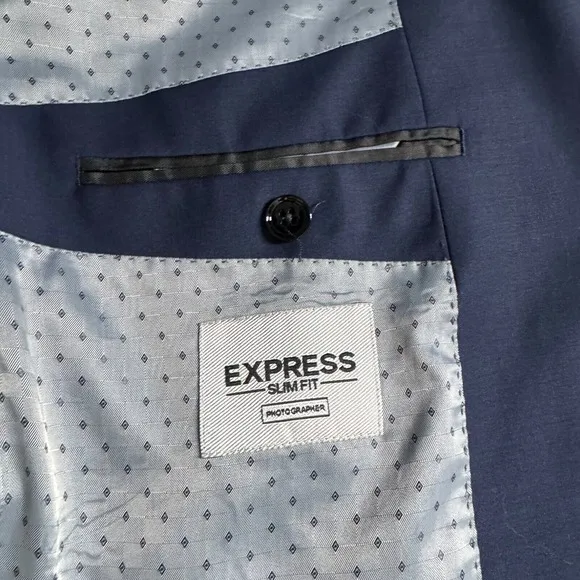 Express Photographer Suit Blazer Sport Coat 41R Solid Blue Wool Slim Fit