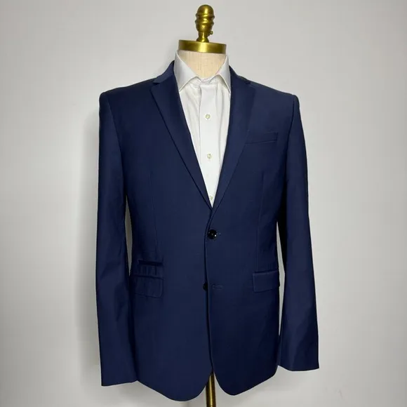 Express Photographer Suit Blazer Sport Coat 41R Solid Blue Wool Slim Fit