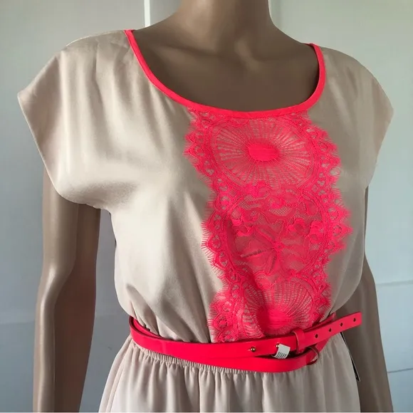 Express Satiny Sheen Peach Neon Pink Lace Dolman Sleeves Mini Dress XS
