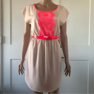 Express Satiny Sheen Peach Neon Pink Lace Dolman Sleeves Mini Dress XS