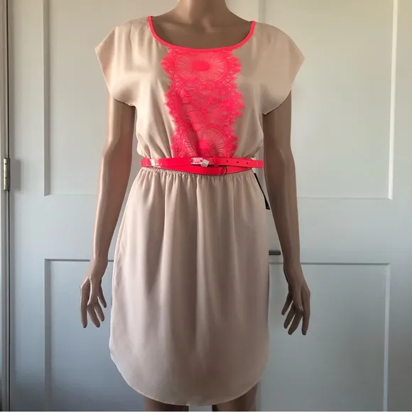 Express Satiny Sheen Peach Neon Pink Lace Dolman Sleeves Mini Dress XS