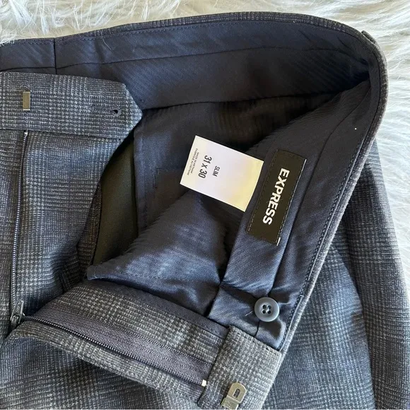 Express Slacks Dress Pants 31X30 Slim Fit Grey Blue Plaid Stretch Business Suits