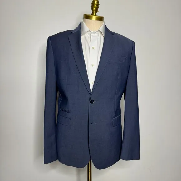 Express Suit Blazer Sport Coat 42R Solid Blue Wool Slim Fit