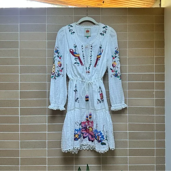 FARM Rio Macaw Cross Stitch Embroidered Mini Dress